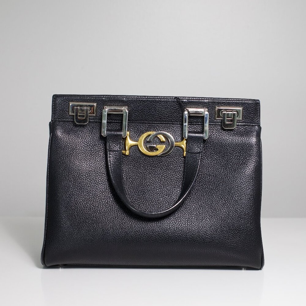 Gucci Zumi Black Leather Top Handle Bag with Multi-tonal Gold & Silver Hardware